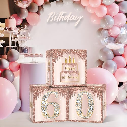 Image of Guiruiy 3 Packs Pink Rose Gold 60th Birthday Balloon Boxes, 10.6 x 10.6 x 10.6 inches, Happy 60th Birthday Decorations for Women