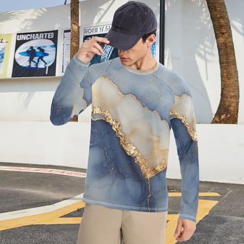 Marble Navy Blue Beige Sun Protection SPF Rash Guard Shirt Comfortable Round Neck Men's Sun Protection Long Sleeve Summer 5