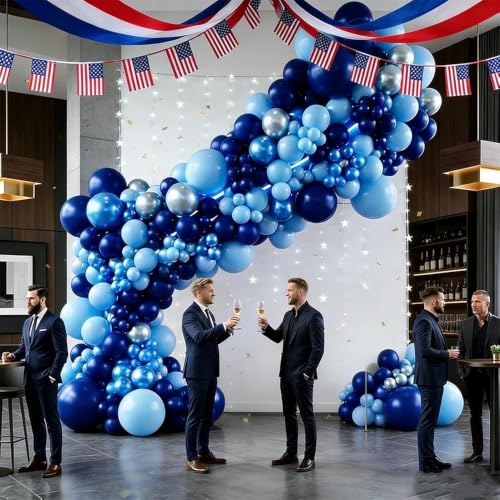 Image of Royal Blue Balloon Garland Double Stuffed, Navy Dark Blue Metallic Balloon Kit for Independence Day Graduation Birthday Baby Shower Anniversary Party Decorations