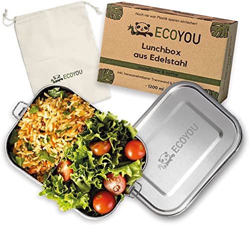 Fiambrera de acero inoxidable EcoYou [1200 ml] - Tupper con compartimentos [Separador] - Tartera comida para el trabajo - Lunch Box a prueba de fugas - Lonchera para niños - Oficina, cole y camping Cover