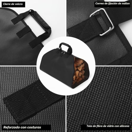 Miniatura 5 de Pawbose Bolsa De Leña Y Alfombrilla Ignífuga Para Chimenea, Gran Regalo Para La Cabaña, Bolsa De Transporte De Leña Grande Con Asas, Protege Suelos Y Alfombras De Chispas Y Brasas Negro
