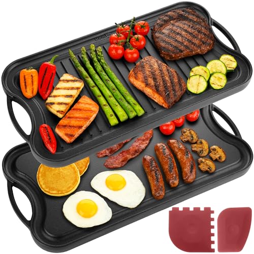 Homiu Cast Iron Griddle Pan | Oven Safe Ceramic Gas Hob Induction & Indoor Outdoor Cooking | Pre-Seasoned Reversible Non-Stick BBQ Grill | Ridged & Flat with Handles & Scrapers 50.5 x 26cm