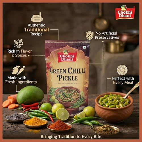 Image of Chokhi Dhani Green Chilli Pickle 200g | Hari Mirch Achar | Spicy & Tangy Indian Pickle | No Artificial Colours | Homemade Style | Veg