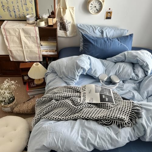 Image of mixinni 100% Washed Cotton Duvet Cover Set King Size, Solid Light Blue Ocean Themed Chic Bedding, Soft Breathable Minimalist Comforter Cover with Zipper Closure & Corner Ties-King Size