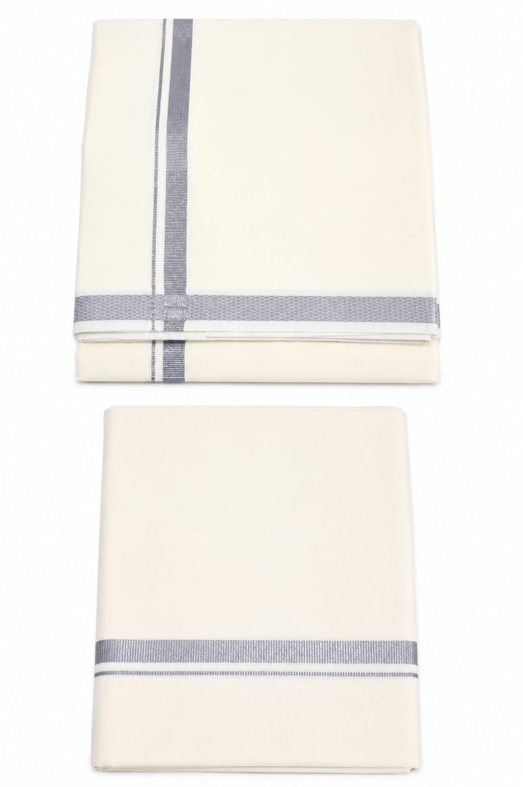 | Single Dhoti 2 Meters Cream Colour with 3/4" Silver Jari.-picture-37
