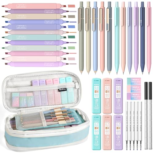 Image of Nicpro School Supplies with Cute Pencil Case, 39 PCS Blue | Back to School Stationery Set, Essentials for College Nursing Student, 12 Pastel Highlighter, 6 Mechanical Pencil, 5 Gel Pen