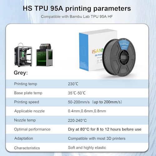 Image of iSANMATE HS TPU Filament 1.75mm, Gray TPU 95A HF High Speed, 1kg | Flexible Tough Wear-Resistant Elastic; HF TPU 50-200mm /s; Compatible with Bambu Lab and Most FDM 3D Printer; for TPU Beginner