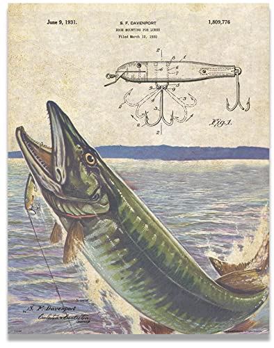 Apple Creek Antique Fishing Lure Patent Poster Art Print Walleye Muskie Lures Poles 11X14 Wall Decor Pictures