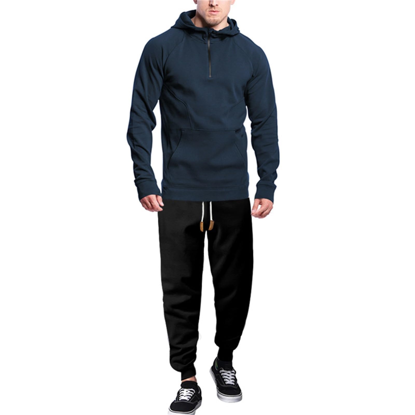 Generisch Tuta da allenamento in pile da uomo, 2 pezzi, con cappuccio + pantaloni da jogging, tuta sportiva da palestra, traspirante, tuta da jogging, tinta unita