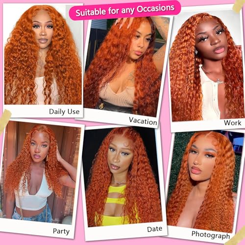 Image of 32 Inch Ginger Lace Front Wigs Human Hair 13x4 Deep Wave Lace Front Wigs Human Hair 350 Burnt Orange Wet Wavy Curly Wig Human Hair Pre Plucked 180% Density Water Wave Colored Glueless Wig for Women