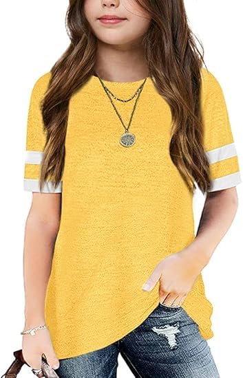 Haloumoning T-Shirt Mädchen Kurzarm Rundhals Tops Kinder Sommer Lose Streifen Shirt Casual Basic Sport Tees Oberteile 5-14 Jahre, Gelb, 9-10 Jahre