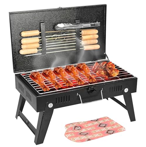 Image of Pivalo Charcoal Barbeque Grill Set | Tandoori BBQ for Home & Outdoor Use | 4-Piece Combo | 8 Skewers | 1 Glove | 1 Tong | Foldable Standing BBQ for Camping, Picnic & Travel Cooking (Pack of 1, Black)