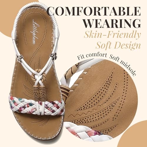 Image of Littleplum Women Sandals Arch Support Handmade Bohemian Braided Flat Sandals Comfort Walking Beach Ankle Elastic Summer Shoes