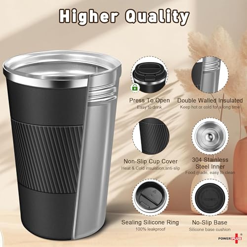 Image of Power Plus Cafe Buddy Stainless Steel Vacuum Coffee Mug with Silicon Grip | Premium Flip Top Locking Cap | Capacity 510ml | 304 Grade Steel | Coffee Mug with Lid for Home & Office (Black)