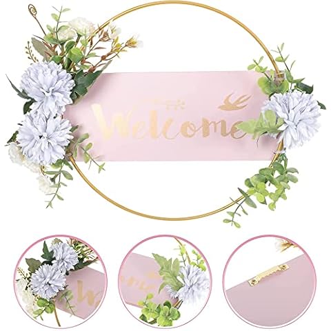 Welcome Sign Door Wreath, Door Decorative Welcome Wreath, Welcome Sign for Door, Welcome Wreaths Sign, Metal Ring Flower Welcome Sign Decoration, for Front Door, Living Room, Wall Decoration (Pink) Cover