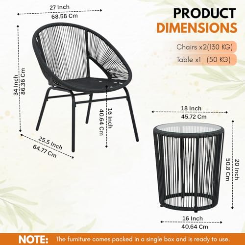Image of DEVOKO Rope Outdoor 3-Piece Patio Chair Glass Top Round Table Set with All-Weather Rope Design Sturdy Durable Metal Frame for Garden, Balcony, Terrace, Deck(Black)