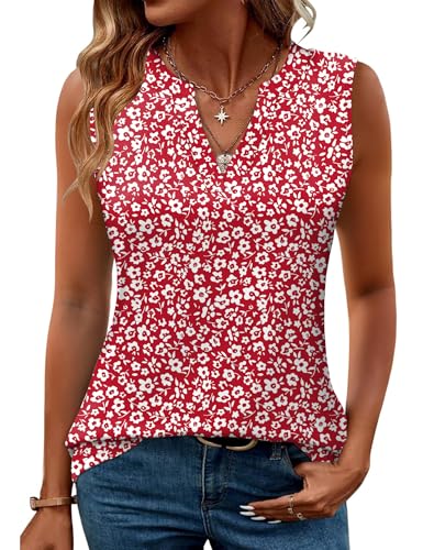 Romanstii Sleeveless Tops for Women Dressy Casual Summer Blouses Trendy Office Work Shirts,Red Floral,L