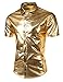 Price comparison product image JOGAL Mens Metallic Shiny Nightclub Styles Short Sleeves Button Down Dress Shirts Large A316 Gold