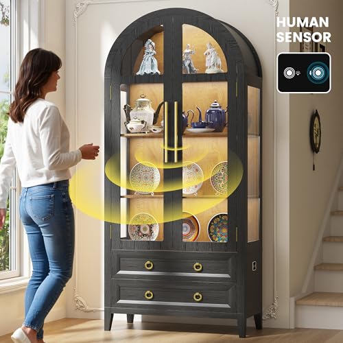 Image of LVSOMT 71 inch Arched Display Cabinet with Glass Doors and Lights, Black Wood