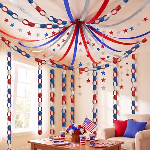 Colarr 4th of July Decorations Set, 300 Sheets Red White Blue Paper Chain Strips, 6 Roll Red Silver Blue Crepe Paper Streamers 492ft, 6 Star Hanging Garlands for Patriotic Independence Day Party Decor
