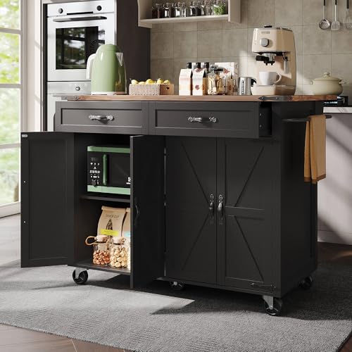 HYUB Isla de cocina, carrito multifuncional con encimera y ruedas, con 2 cajones, para salón, cocina, color negro