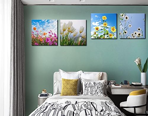 Image of Colorful Floral Canvas Wall Art for Bathroom Decor, Yellow,Purple and White Flowers Artwork Prints Modern Pictures Framed for Living Room Bedroom Office Decoration - 12 inch X 12 inchx4 Pieces