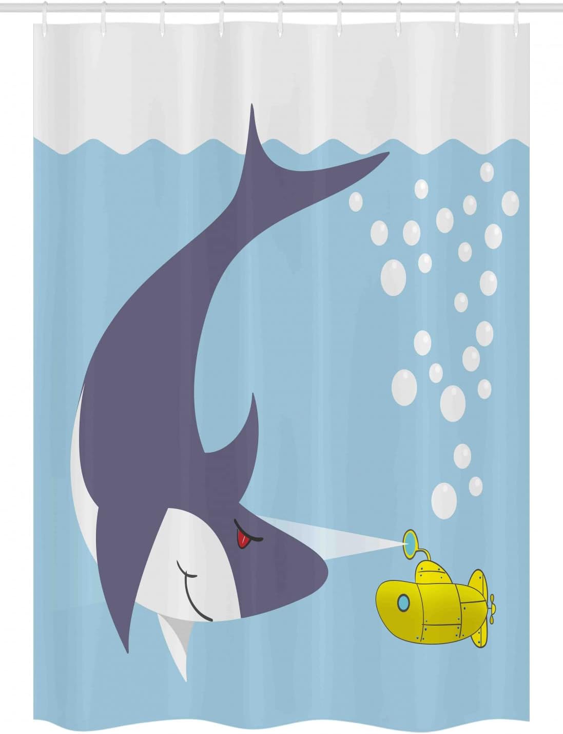 Ambesonne Yellow Submarine Stall Shower Curtain, Shark with Vessel in Ocean Bubbles Under Sea Theme Animals Cartoon, Fabric Bathroom Decor Set with Hooks, 54" W x 78" L, Blue Grey Yellow