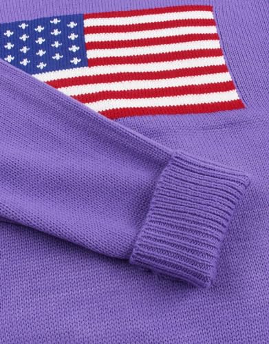 Image of Womens American Flag Sweater Long Sleeve Crew Neck Knitted Casual Pullover Sweater (Purple, Medium)