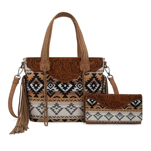 Montana West Western Tote Bag for Women Tooled Shoulder Purse with Wallet 2Pcs Set