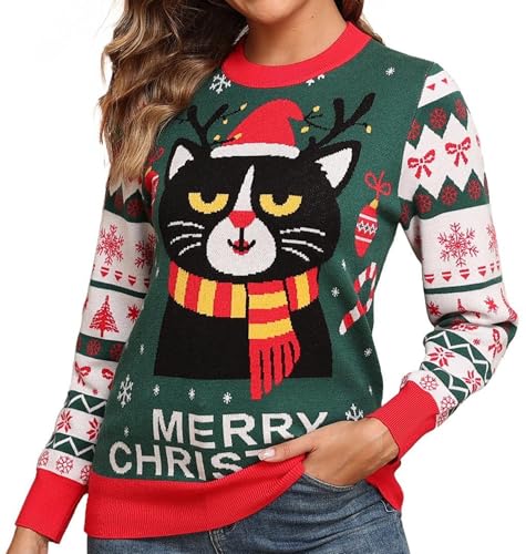 QIXING Weihnachtspullover Damen Rundhals Langarm Strickpullover Damen...