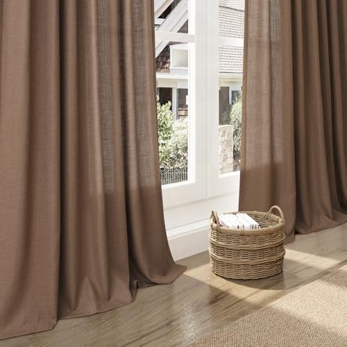Image of Caramel Brown Linen Curtains 84 Inches Long for Bedroom Back Tab Light Filtering Privacy Semi Sheer Curtains Modern Farmhouse Decor Cotton Textured Curtain for Living Room 2 Panels Set 52x84 Inch