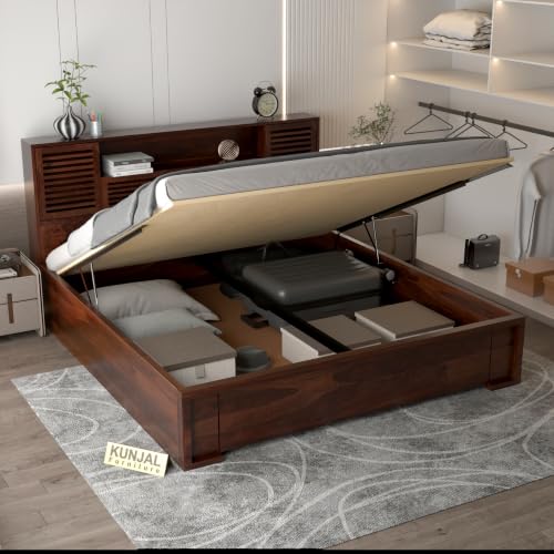 Image of Kunjal Furniture Solid Sheesham Wood Bed with Headboard & Box Storage - Handcrafted Wooden Bed for Bedroom - Ideal for Home (Flyding Walnut, King Size)