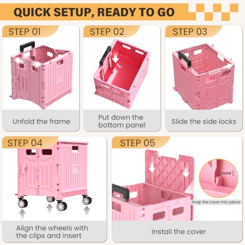 SUNALLY Folding Utility Cart Portable Rolling Crate Handcart Shopping Trolley with Lockable Wheels,Lid, Collapsible Tool Box for Grocery, Travel, Garden, Shop, Office, Luggage, Teacher, Pink - Image 7