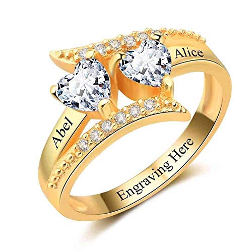 Lam Hub Fong Personalized Mothers Ring Gold with 2 Simulated Birthstones Custom Engraved Mothers Rings with Name for Mom Couples Valentines Day Ring for Women (Gold, 6)