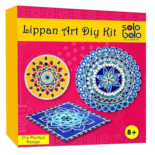 SOLOBOLO Lippan Art and Craft Materials Kit for Adults and Beginners, Premarked MDF Board Warli Art Painting DIY Kit with Stands for Room Wall Hanging, Office and Home Decoration (Wooden)