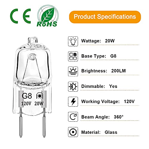 G8 Halogen Bulb 20W 120V Dimmable T4 Jcd Type G8 Base Bi-Pin Xenon Bulb For Under Cabinet Puck Lights, Kitchen Hood, Landscape Lights, Warm White 2700K (10 Pack) #TOP2