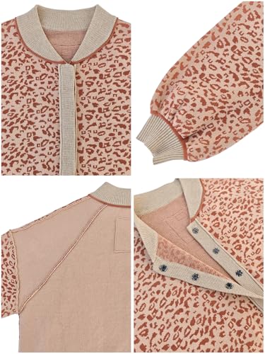 Image of Women's Casual Leopard Print Jacket Crew Neck Long Sleeve Loose Fit Button Coat Fall Trendy Bomber Cardigan