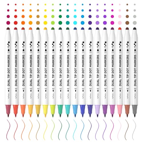 Shuttle Art 18 Colors Dual Tip Dot Marker Pens for Kids Adults, 18 Classic Colors, 0.8mm Fine Tip and Flexible Dot Tip for Journaling, DIY Crafts, Scrapbooks
