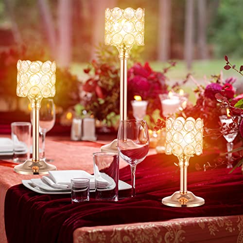 12 Pieces Crystal Candle Holders Set 3 Sizes Tall Crystal Wedding Candlestick Holders Pillar Candelabra Stand For Table Centerpieces For Christmas Party Wedding Dining Decoration (Gold) #TOP4