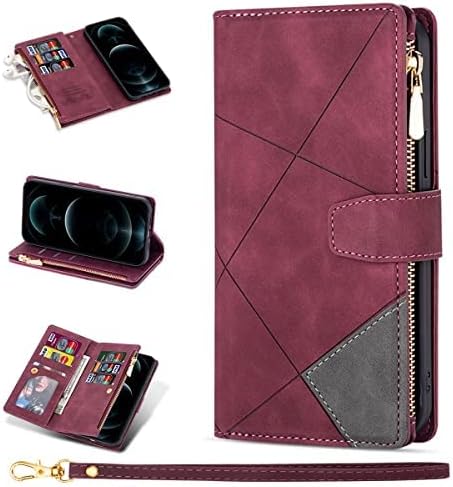 ZCDAYE Wallet Case for Samsung Galaxy S21 FE Case with 9 Card Slots Zipper Pocket Handbag Wristlet Folio Flip Cover for Samsung Galaxy S21 FE-Wine Red