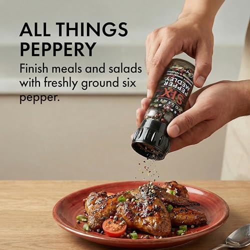 Image of Sprig Gourmet Six Pepper Medley 42g | Expensive But Authentic | Chef's Choice | Colourful & Flavourful | Rainbow Peppercorn blend | Whole Dried Peppercorns (Black, White, Pink, Green, Sichuan, Cubeb) | Reusable Glass Grinder Bottle