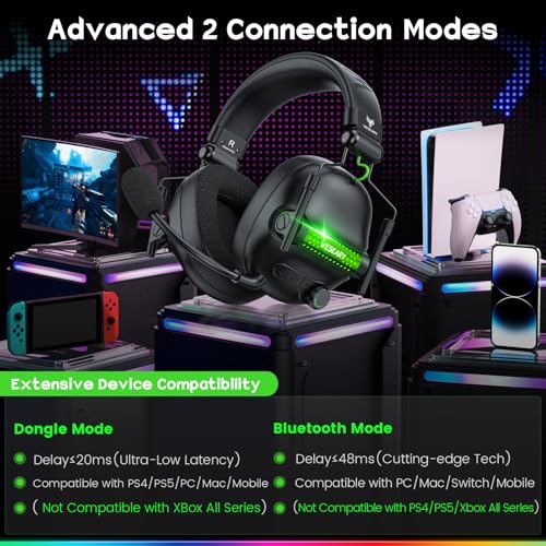Image of WESEARY Wireless Gaming Headset with Mic, Gaming Headphones for PS5, PS4, PC, Switch & Mac, Bluetooth 5.4 & 2.4GHz Wireless Headset, 3D Surround Sound, 50mm Drivers, 50Hr Battery Life, LED Lighting
