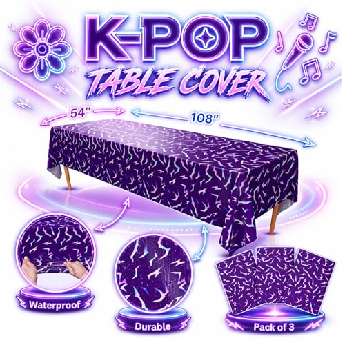 Image of Blue Orchards Kpop Tablecover (Pack of 3) - XL 54 inchx108 inch - Purple Birthday Party Decorations, K-pop Party Tablecloth, Music Themed Decor, Korean Style Plastic Table Cover, Event Decoration