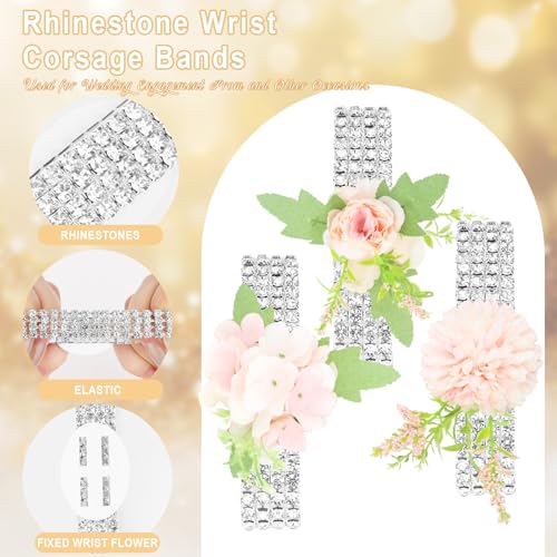 6 Packs Wrist Corsage Bracelets Elastic Corsage Wristlet Band, Rhinestone Wrist Corsage Bands Accessories for Wedding Party Prom Wrist DIY Handmade Silver Corsage Supplies3