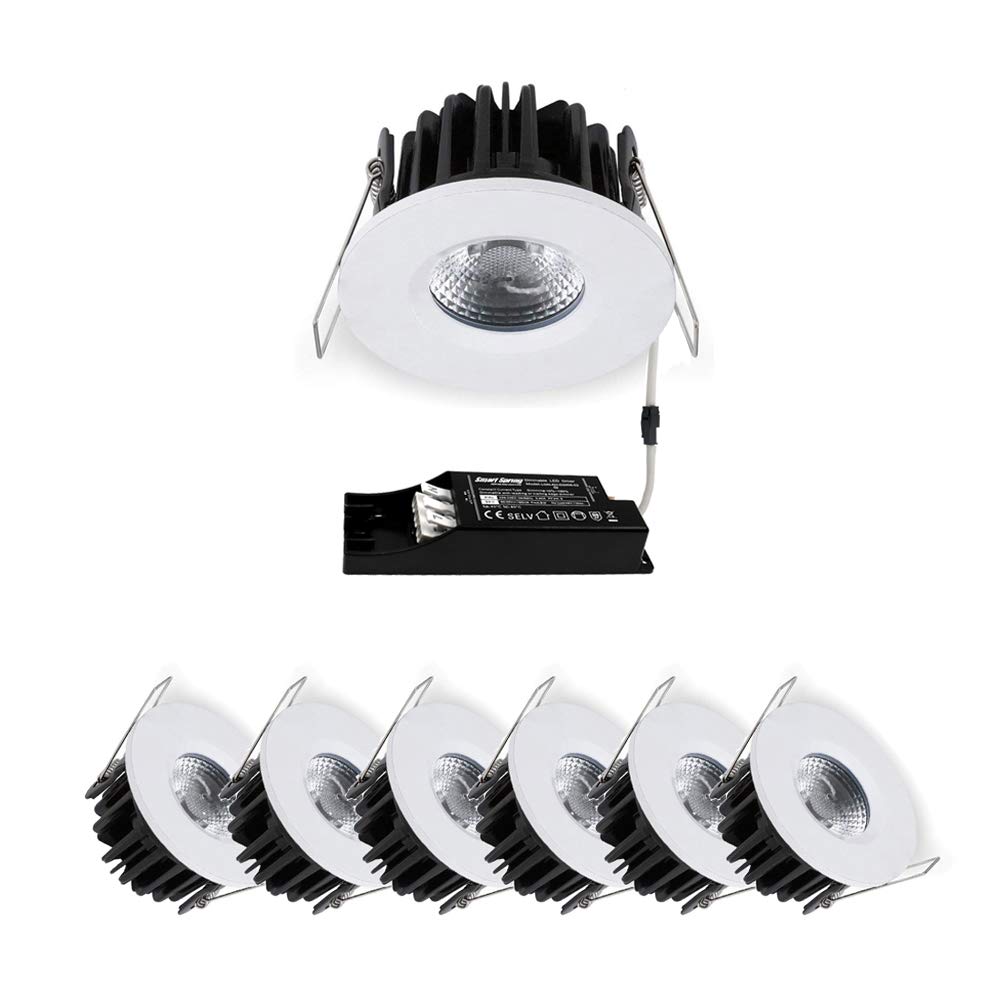 smart spring8W COB LED Dimmable Economical Fixed Recessed Fire Rated Downlight Bathroom Downlight IP65 40° Beam Angle 220~240V 50/60HZ with White Panel 4000K 600lm Pack of 6