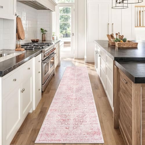 KUTA Vintage Washable Runner Rug, 2x8 Pink Runners for Hallways Non-Slip Floral Kitchen Rugs Ultra Soft Printed Distressed Tribal Floor Carpet for Bedroom Living Room Nursery Playroom