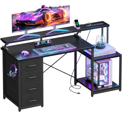 ODK 55 Inch Computer Gaming Desk with Power Outlets & 4 Drawers, Home Office Desk with Monitor Stand & Printer Shelves, Black
