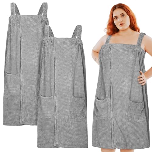 Tigeen 2 Pcs Plus Size Towel Wrap for Women Bath Wrap Towel Dress Terry Cloth Spa Robe with Straps Adjustable Closure(Gray Xxl-4xl)