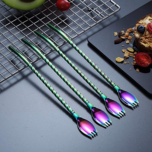 HOMQUEN Rainbow Ice Tea Spoon with Straw Handle for Drinking, 4 Pieces 8.7" Stainless Steel Titanium Rainbow Plating Long Handle Bar Spork Spoon Silverware for Mixing and Stirring - Thumbnail 3