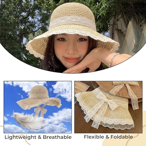 Image of Kraptick Headwear Hats - Lightweight Crocheted Straw Hat for Women, Foldable Summer Beach Hat with UV Protection & Stylish Travel Cap with Wide Brim